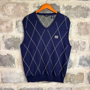 VTG Gold Notre Dame Fighting Irish Navy Blue Argyle Cotton V-Neck Sweater Vest L